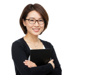 Smiling asian woman wearing glasses holding a tablet isolated on transparent background