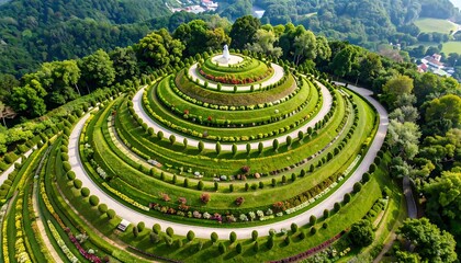 Aerial view of tiered gardens winding up a green hill, featuring floral sections and a statue