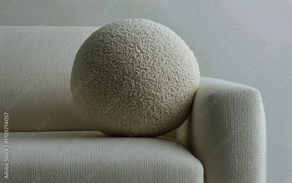 Poster soft textured sphere resting on a minimalist couch in a calm indoor setting.