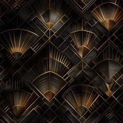 Fototapeta premium Seamless Art Deco geometric pattern with gold angular shapes on black background, elegant vintage wallpaper design suitable for textile, print, or surface decoration