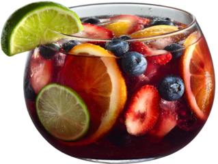Refreshing Fruit Sangria: A vibrant close-up of a refreshing glass of sangria, bursting with fresh berries, citrus, and the cool essence of summer. Capturing the vivid colors and delightful essence.