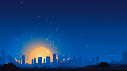 Fototapeta premium Sunshine in the Smart digital Innovation city with connection network reciprocity over the cityscape. of future smart wireless digital city and social media networking systems that connects
