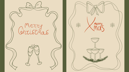Doodle vintage Merry Christmas greeting cards set. Ink sketch style posters. Retro vector illustration.