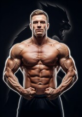 Fototapeta premium A muscular man flexes, his inner self revealed as a snarling wolf shadow. A powerful concept for primal strength, rage, and intensity.