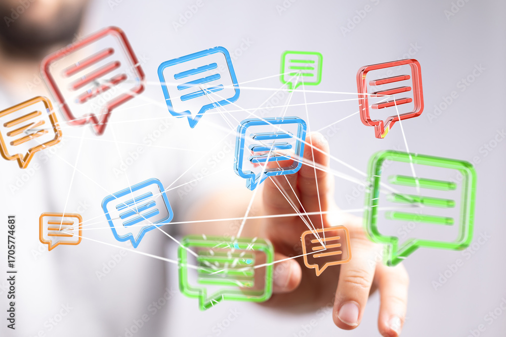Poster abstract image of interconnected speech bubbles, symbolizing global communication and networking.