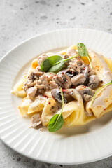 Pappardelle pasta with creamy chicken and mushroom sauce, garnished with basil and chili flakes. Served on a white plate over a light stone background. Top view, close-up