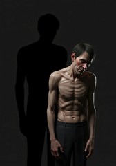 Naklejka premium A dramatic portrait of a weak, emaciated man, with his healthy form visible only as a dark shadow. A concept for illness or despair.
