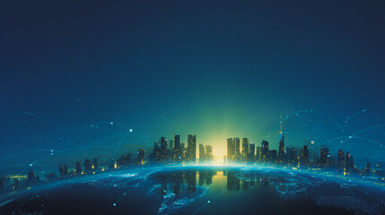 Sunshine in the Smart digital Innovation city with connection network reciprocity over the cityscape. of future smart wireless digital city and social media networking systems that connects