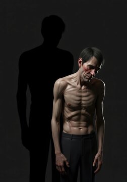 A dramatic portrait of a weak, emaciated man, with his healthy form visible only as a dark shadow. A concept for illness or despair.