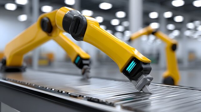 A yellow robotic arm performing automated tasks on a conveyor belt in an industrial factory setting