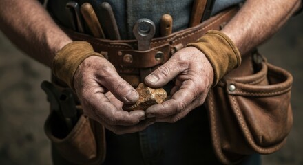 Rustic Aesthetic Craftsman's Hands Holding Stone, Work Belt, Tools