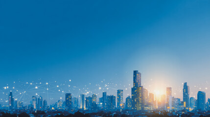 Sunshine in the Smart digital Innovation city with connection network reciprocity over the cityscape. of future smart wireless digital city and social media networking systems that connects