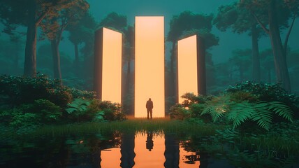 A solitary figure stands before glowing monolithic structures in a mysterious, surreal forest setting with a reflection in the water below.