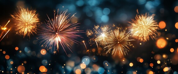 Fototapeta premium Bright Fireworks Illuminate the Night Sky During a Festive Celebration With Sparkling Light Bursts.