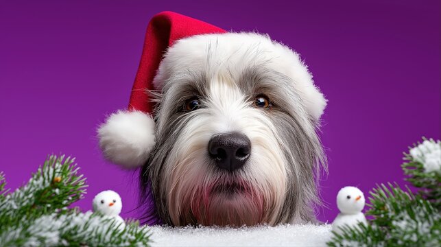 Cute dog in santa hat with snowy scene and purple background