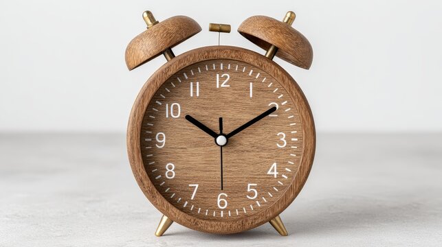 Casting time wooden alarm clock ticking away the hours in minimalist style plain white background soft lighting