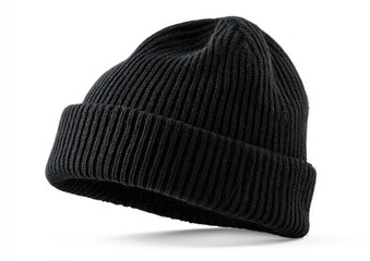 Black ribbed beanie angled on white background