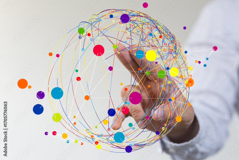 Aufkleber abstract image of a hand interacting with a colorful network visualization. represents global connec