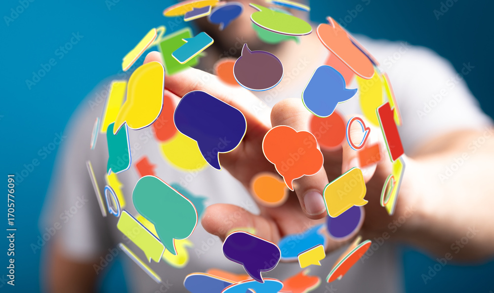 Poster abstract image of colorful speech bubbles forming a global communication network.