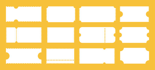Admit one ticket. Empty train ticket template. Ticket pattern for cinema, circus, theatre festival, casino, club. Boarding blanks, lottery, sale coupons icons. Blanks white flat backdrops.