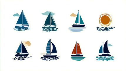 Sailboat icon set with sail and sea wave vector illustration on a white background, simple design, flat colors, a blue color palette, blue sky, an orange sun, clip art style
