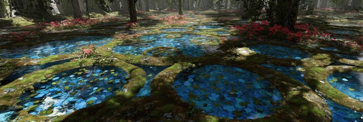 Serpentine pools of teal water meander through a mossy, forested floor, dotted with vibrant red flowers and shadowed by tall trees