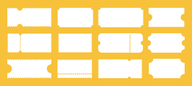 Admit one ticket. Empty train ticket template. Ticket pattern for cinema, circus, theatre festival, casino, club. Boarding blanks, lottery, sale coupons icons. Blanks white flat backdrops.