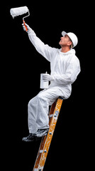 Caucasian male painter on ladder with paint roller in protective gear