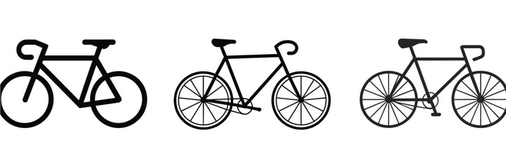 Bicycle icons, stylized bikes, graphic comparison, line thickness, wheel detail, pedal design, chain mechanism, transportation symbols, bike illustration, vector set, cycling graphics, design elements