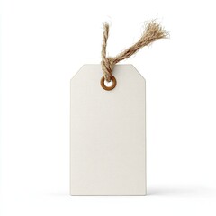 Blank cream-colored price tag, tied with a light brown jute string, mounted on a white background.  A small metal ring is visible at the top of the tag