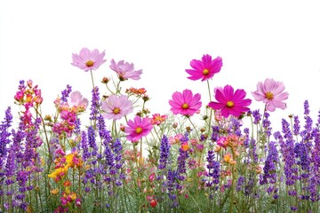 Vibrant wildflowers in various shades of pink, purple, and lavender, arranged in a horizontal border against a plain white background