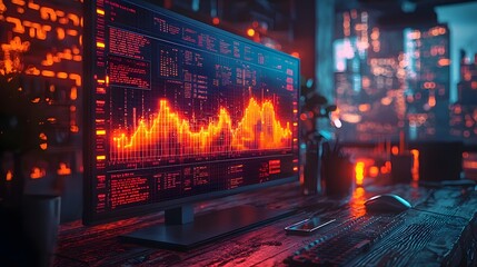 A glowing digital financial graph displayed on a computer monitor in a modern illuminated urban setting at night