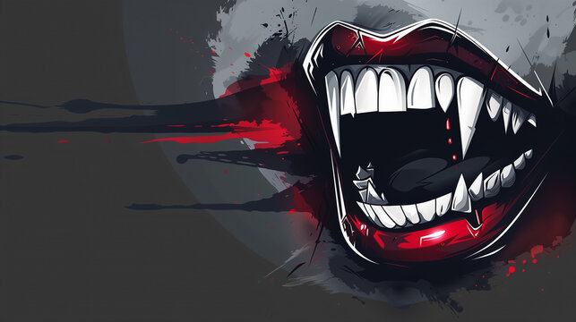 Aggressive Vampire Bite with Blood Splatter &ndash; Dark Graphic Illustration of Fanged Mouth on Grey Background