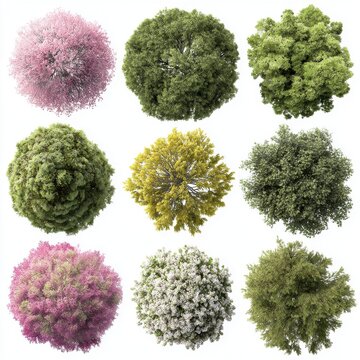 Top view of 9 different trees and bushes, in a color palette of pink, green, yellow, and white