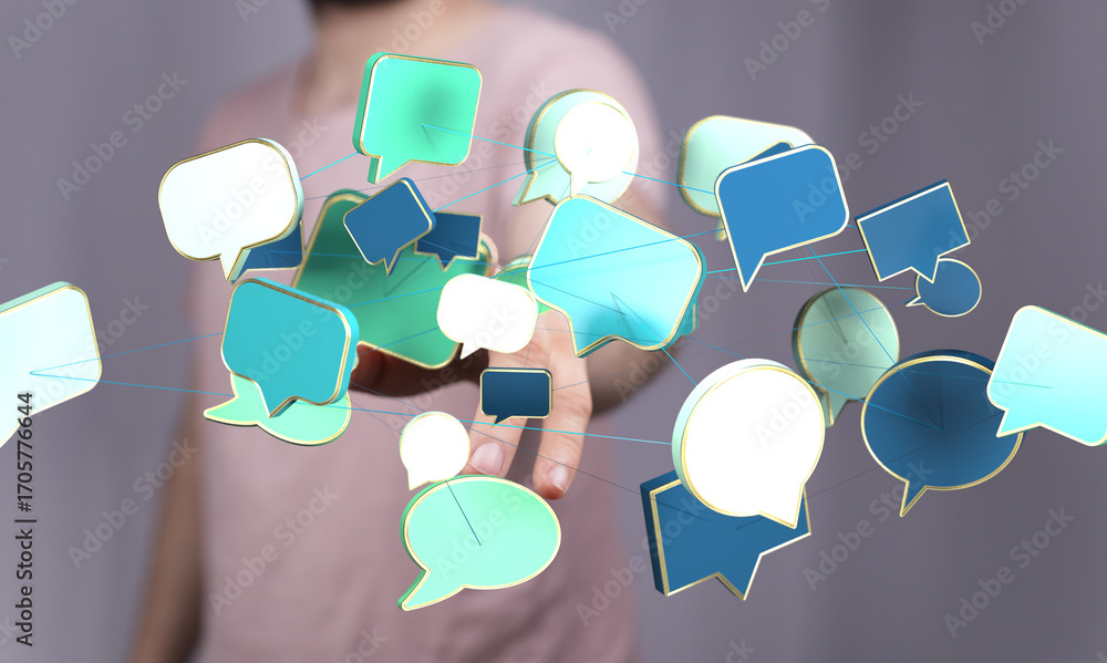 Poster abstract image of interconnected speech bubbles, symbolizing global communication and social network