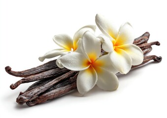 Aromatic vanilla pods with plumeria flowers