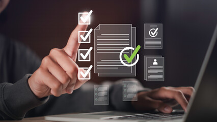 Quality assurance and approval concept with digital checklist, documents, and certification icons, symbolizing trust, guarantee, compliance, and customer peace of mind.