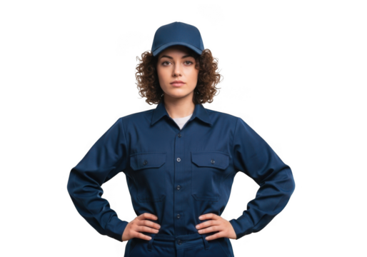 Woman in blue uniform isolated on transparent background