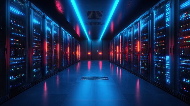 Futuristic server room with vibrant neon lights