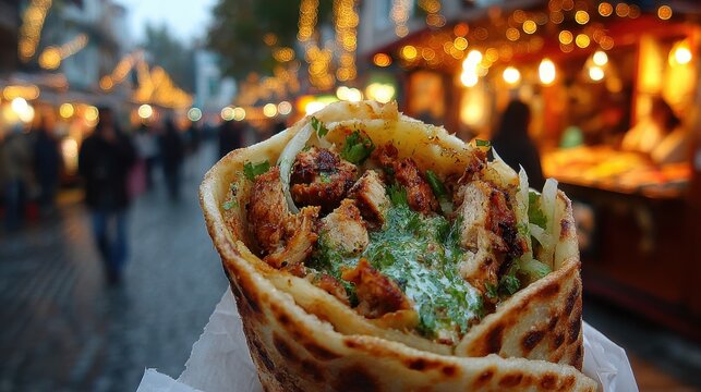 Kathi roll close up flaky paratha wrap filled with spicy chicken onions mint chutney street food stall evening warm lights urban Indian cuisine