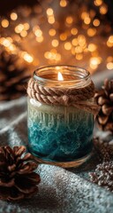 Teal and ivory layered candle in a glass jar, adorned with twine, rests on a textured surface amidst pine cones and warm bokeh lights