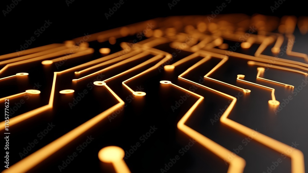 Aufkleber close-up view of a complex electronic circuit board with a network of glowing golden interconnection
