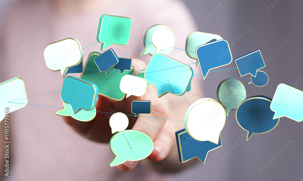 Poster abstract image of interconnected speech bubbles, symbolizing global communication and networking.