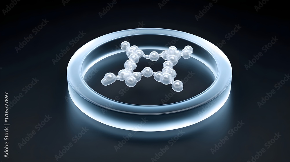 Poster illuminated glass surface displaying an abstract arrangement of transparent molecular structures, sh