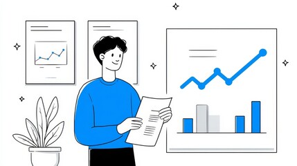 A professional in business casual attire holds documents while standing next to charts showing growth trends,