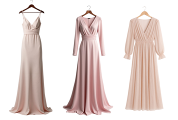 Three elegant pink dresses on hangers against on a transparent background