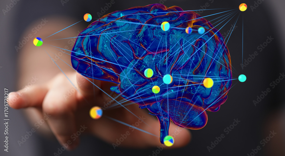 Poster abstract image of a human brain with neural network connections. perfect for ai, technology, and neu