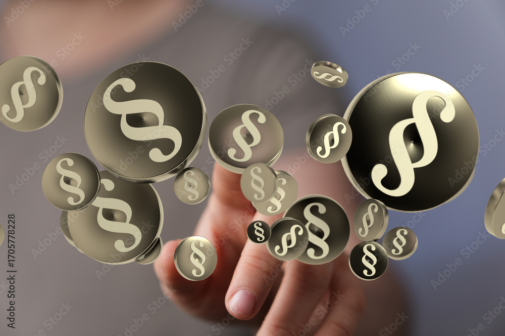 Poster abstract image of paragraph symbols floating towards a finger, symbolizing legal concepts.