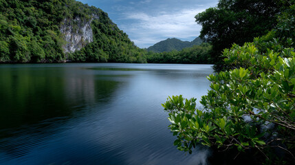 The lake in the mountains.