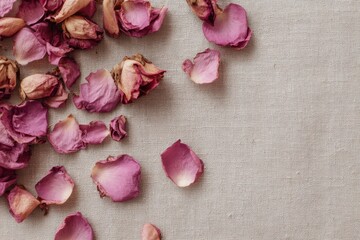 Delicate Arrangement of Dried damask Pink Rose Petals on Soft Linen Background, Enhancing Natural Beauty and Elegance in Floral Decor